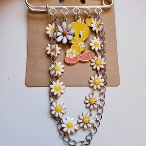 Handmade Daisy Tweety Bird Charm Safety Pin Brooch